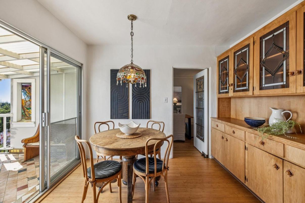 Dining room, Interior, Pendant Lights, Wood Texture Flooring