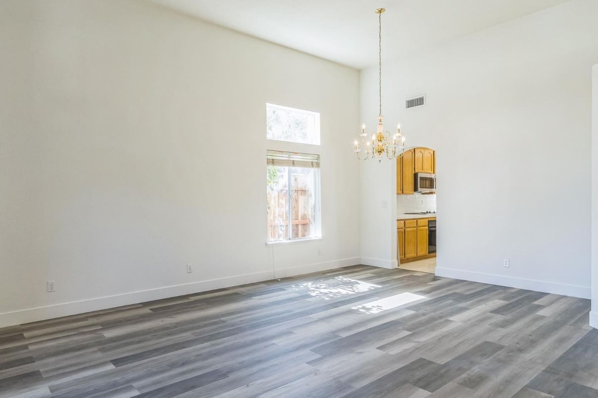 Chandelier, Empty room, Interior, Kitchen, Pendant Lights, Wood Texture Flooring