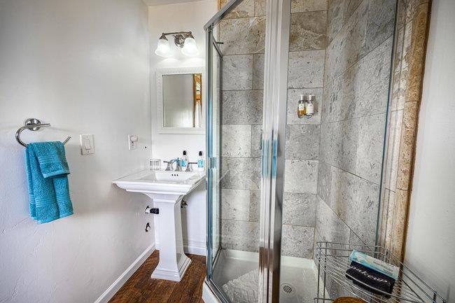 Bathroom, Interior, Stone Walls, Wood Texture Flooring