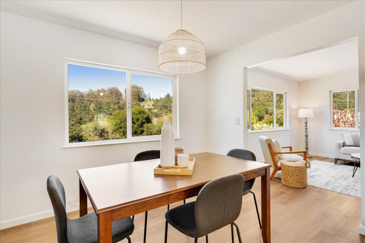 Dining room, Interior, Pendant Lights, Wood Texture Flooring