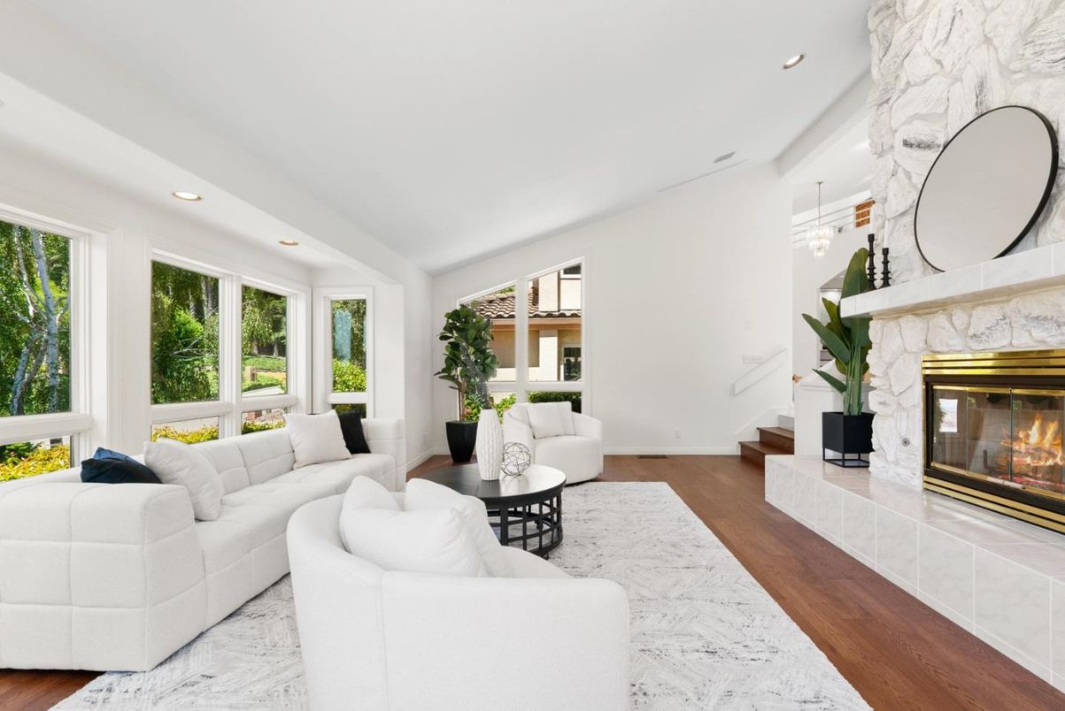 Fireplace, Interior, Living room, Marble, Pendant Lights, Recessed Lighting, Wood Texture Flooring