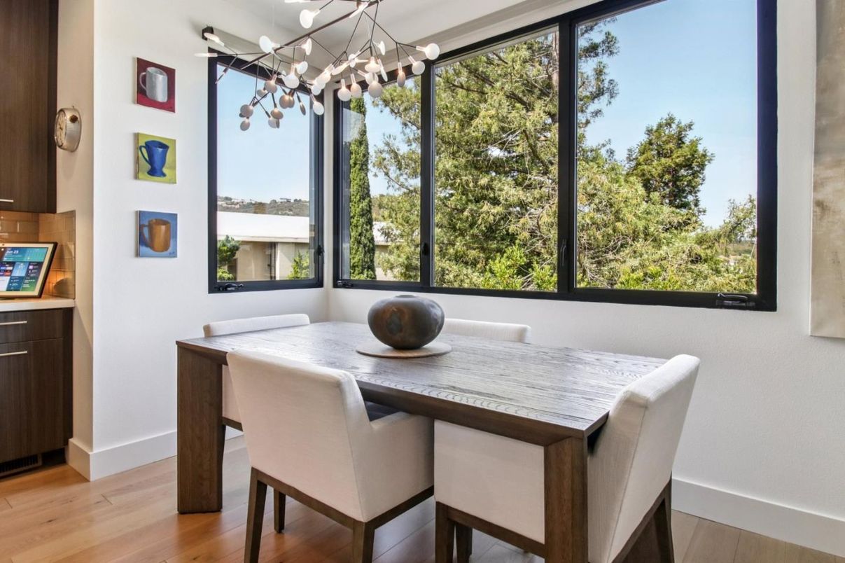 Dining room, Interior, Pendant Lights, Wood Texture Flooring