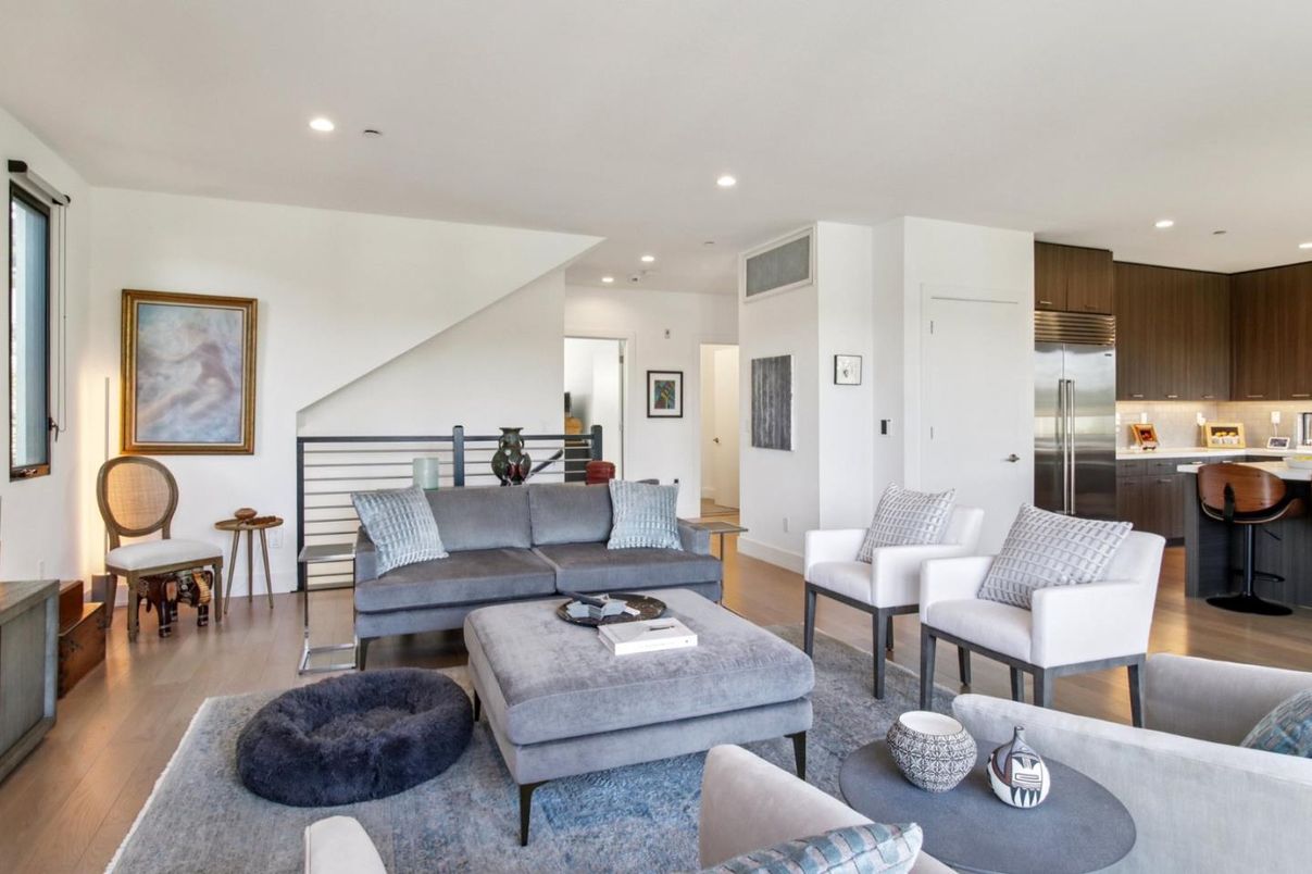 Interior, Kitchen, Living room, Recessed Lighting, Stainless Steel Appliances, Wood Texture Flooring