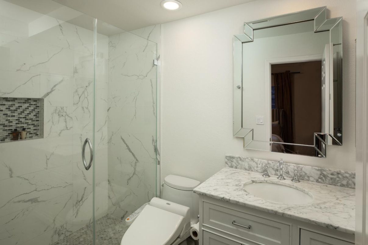 Bathroom, Glass Shower, Interior, Marble Walls, Recessed Lighting