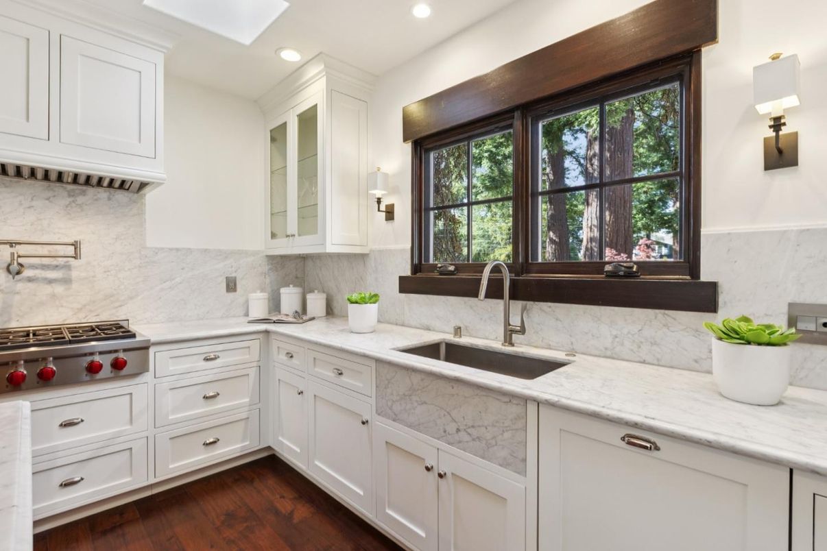 Interior, Kitchen, Marble Walls, Recessed Lighting, Wood Texture Flooring