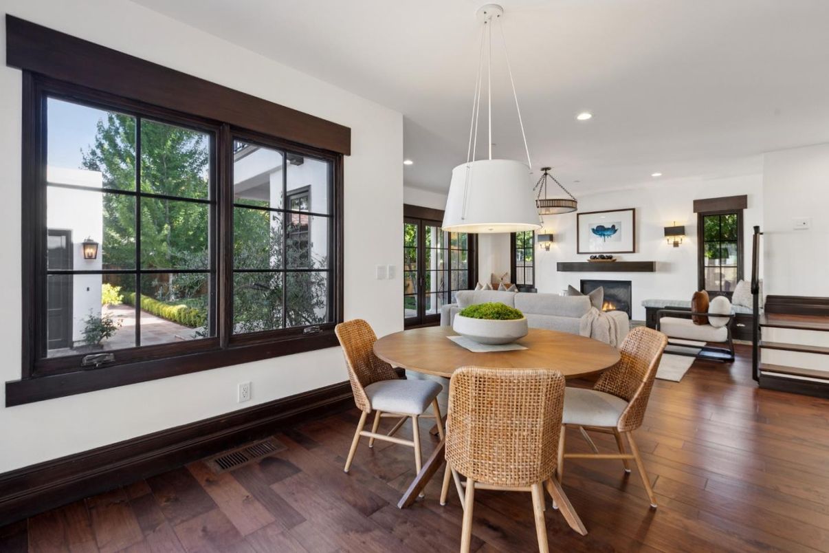 Dining room, Fireplace, Interior, Living room, Pendant Lights, Recessed Lighting, Wood Texture Flooring
