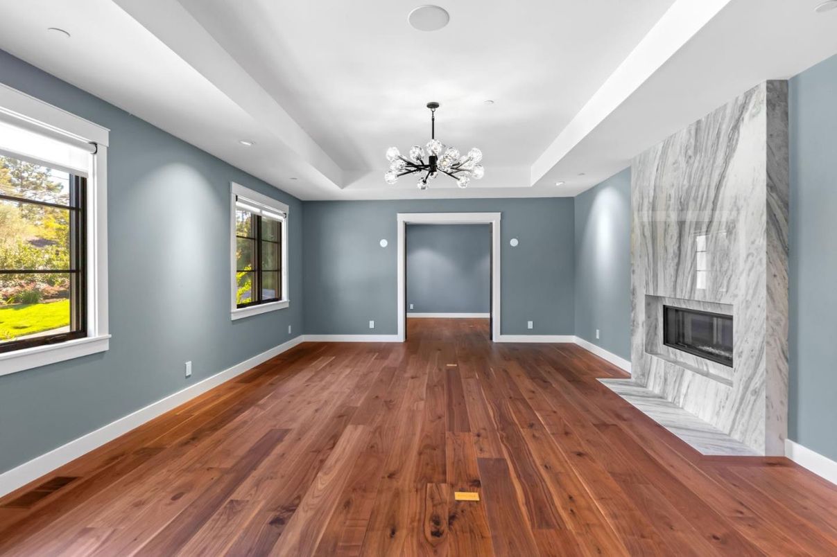 Empty room, Fireplace, Interior, Recessed Lighting, Wood Texture Flooring