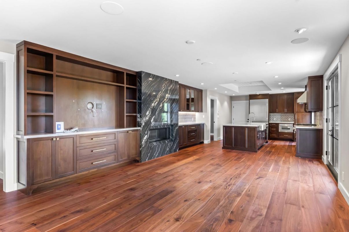 Fireplace, Interior, Kitchen, Recessed Lighting, Stainless Steel Appliances, Wood Texture Flooring