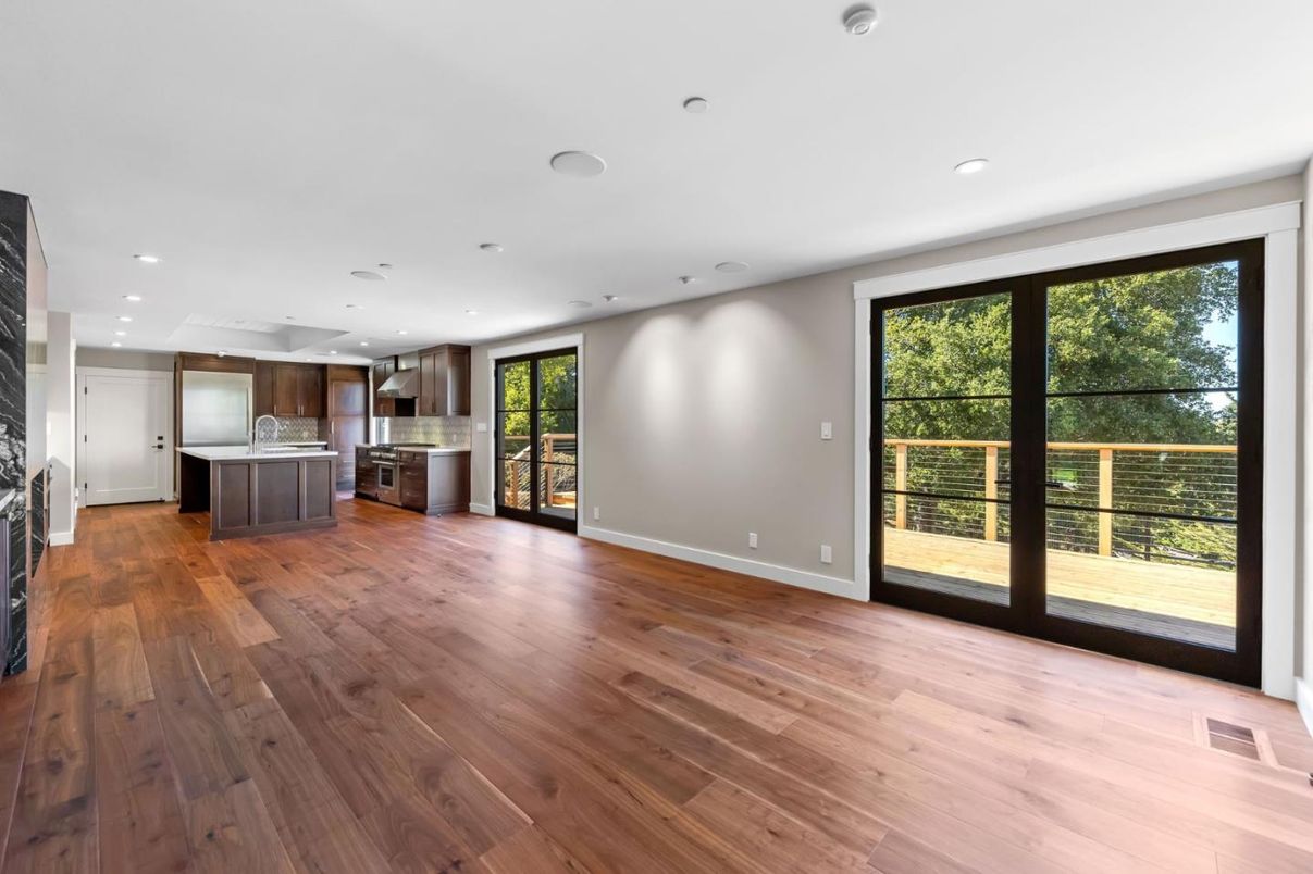 Empty room, Interior, Kitchen, Recessed Lighting, Wood Texture Flooring