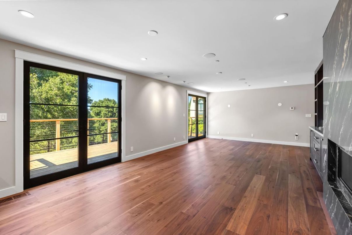 Empty room, Fireplace, Interior, Recessed Lighting, Wood Texture Flooring