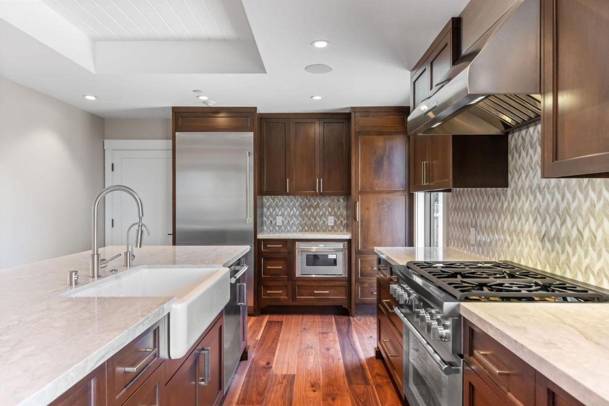 Interior, Kitchen, Recessed Lighting, Stainless Steel Appliances, Wood Texture Flooring