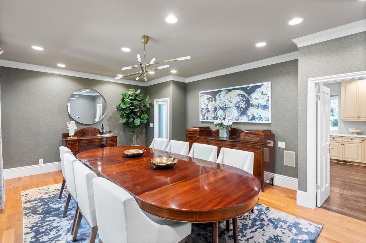 Dining room, Interior, Pendant Lights, Recessed Lighting, Wood Texture Flooring