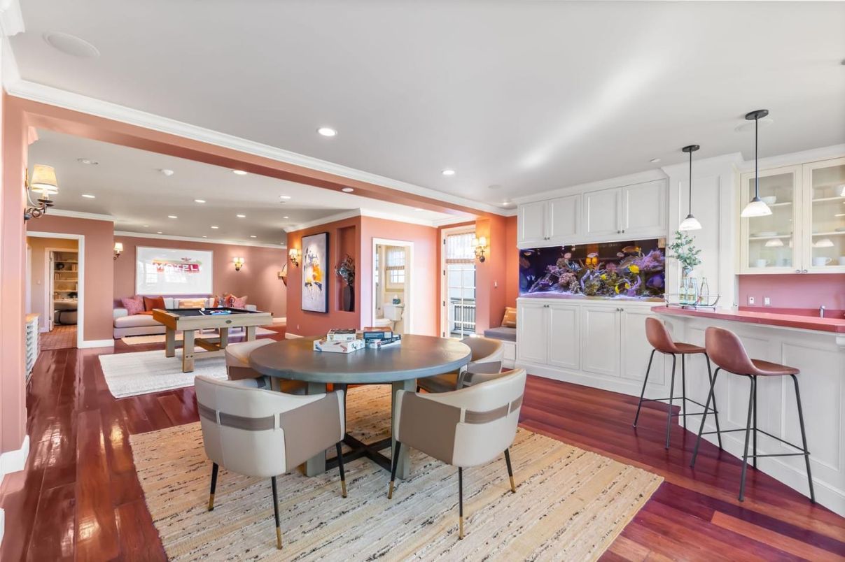 Billiard Table, Dining room, Game Room, Interior, Pendant Lights, Recessed Lighting, Wood Texture Flooring