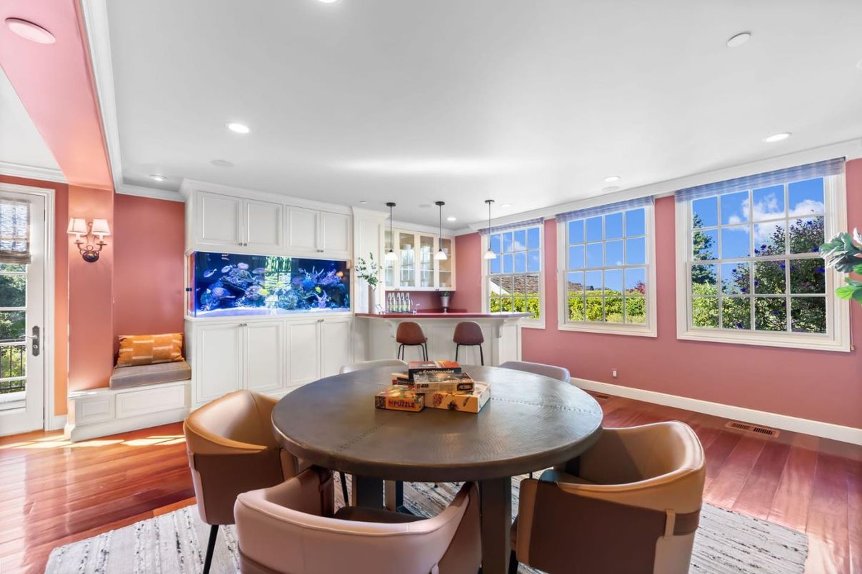 Dining room, Interior, Pendant Lights, Recessed Lighting, Wood Texture Flooring