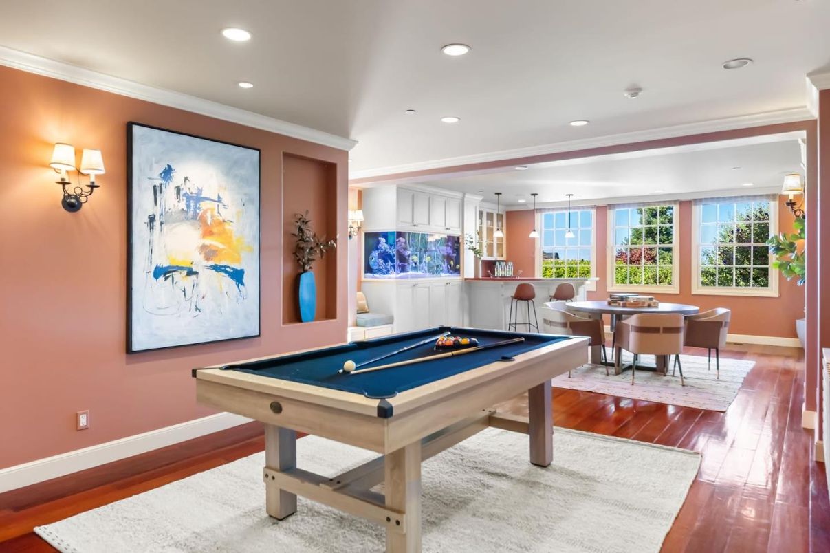 Billiard Table, Dining room, Game Room, Interior, Pendant Lights, Recessed Lighting, Wood Texture Flooring