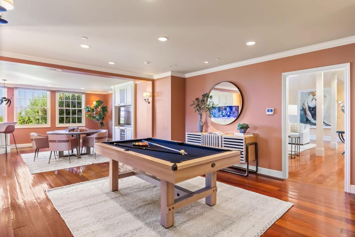 Billiard Table, Dining room, Game Room, Interior, Pendant Lights, Recessed Lighting, Wood Texture Flooring