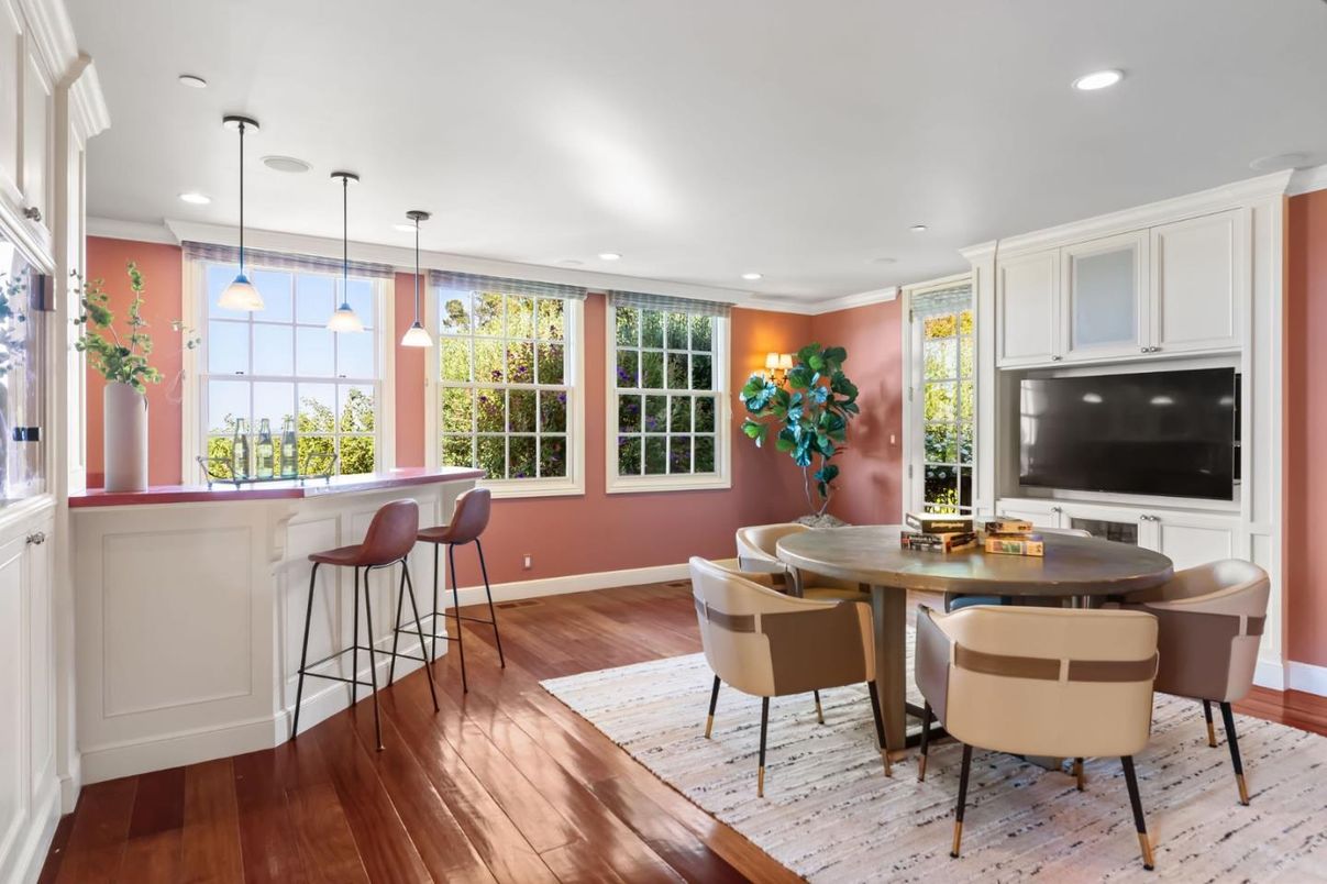 Dining room, Interior, Pendant Lights, Recessed Lighting, Wood Texture Flooring