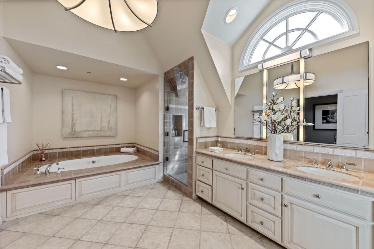 Bathroom, Dual Sink Vanities, Glass Shower, Interior, Recessed Lighting, Tile Countertops