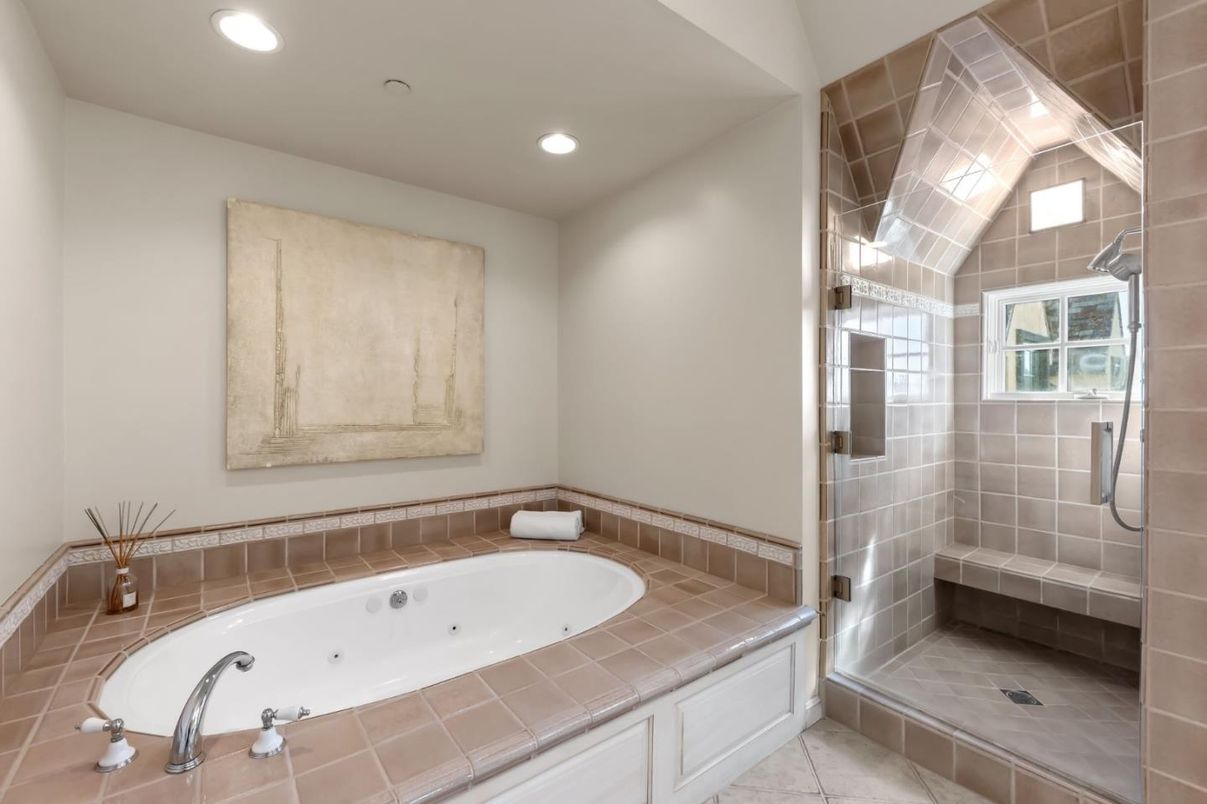 Bathroom, Glass Shower, Interior, Recessed Lighting, Tile Countertops