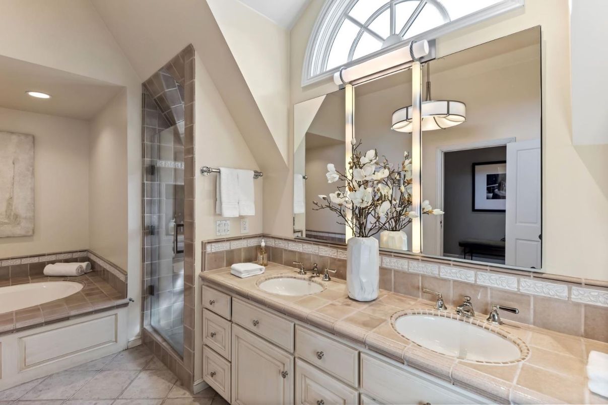 Bathroom, Dual Sink Vanities, Glass Shower, Interior, Recessed Lighting, Tile Countertops