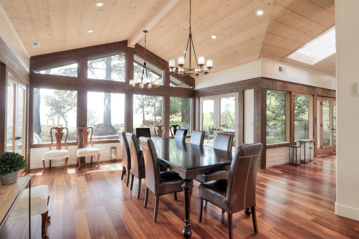 Chandelier, Dining room, Interior, Recessed Lighting, Wooden Ceilings, Wood Texture Flooring