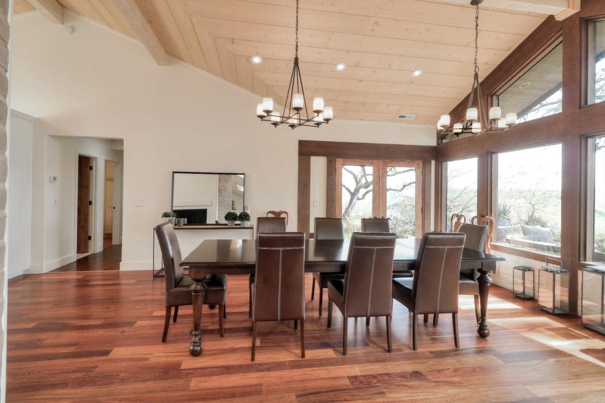 Chandelier, Dining room, Interior, Recessed Lighting, Wooden Ceilings, Wood Texture Flooring