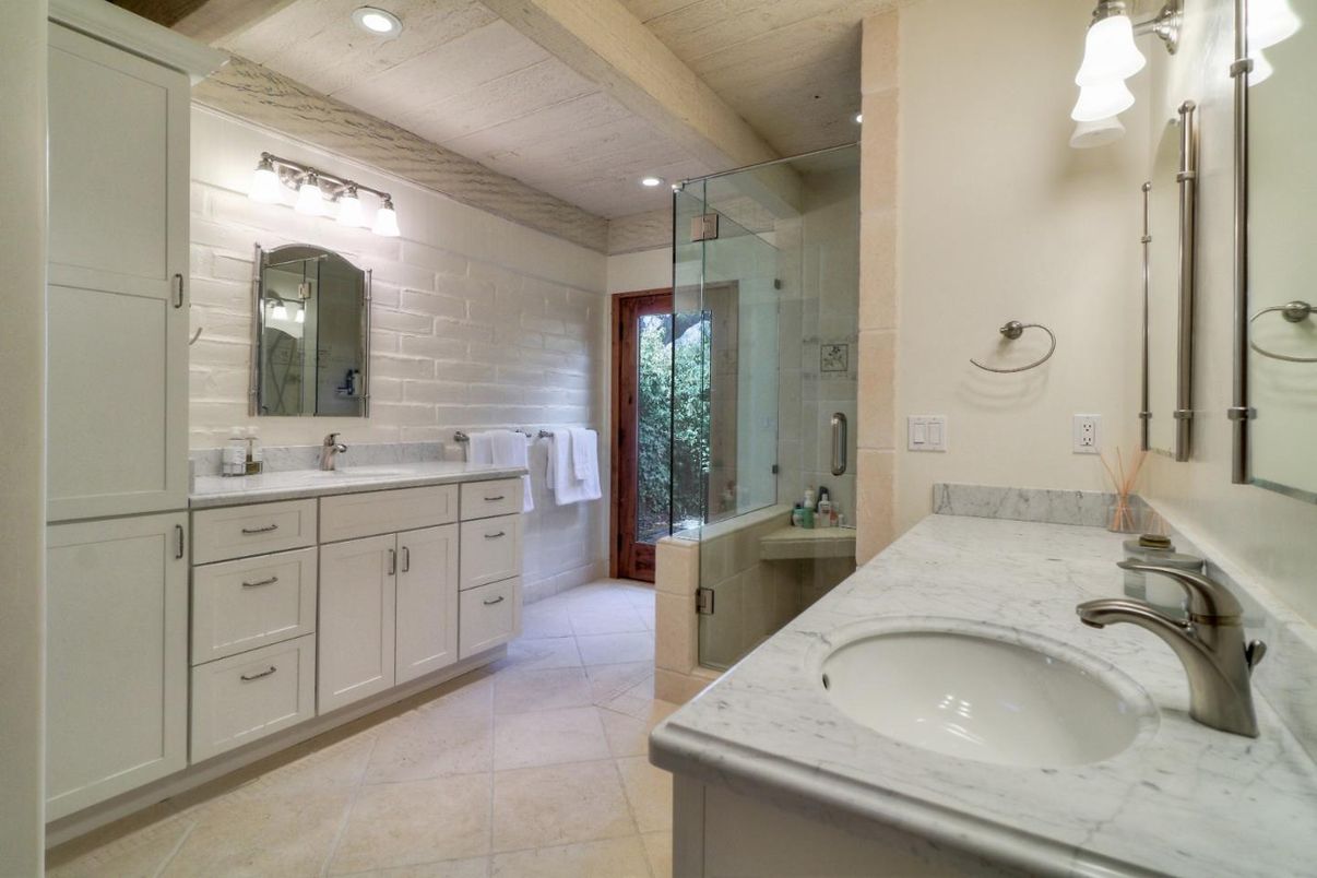 Bathroom, Dual Sink Vanities, Glass Shower, Interior, Recessed Lighting, Wooden Ceilings