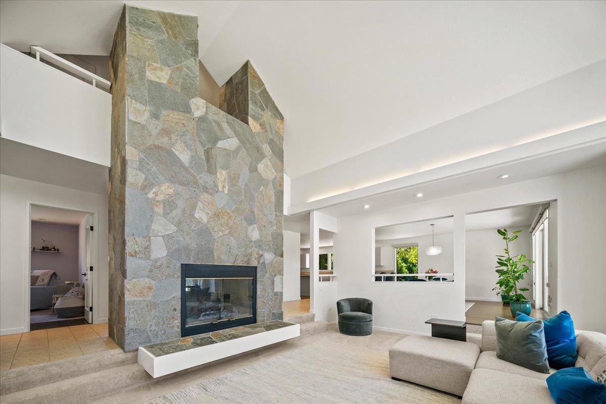 Fireplace, Interior, Living room, Pendant Lights, Recessed Lighting, Stone Walls