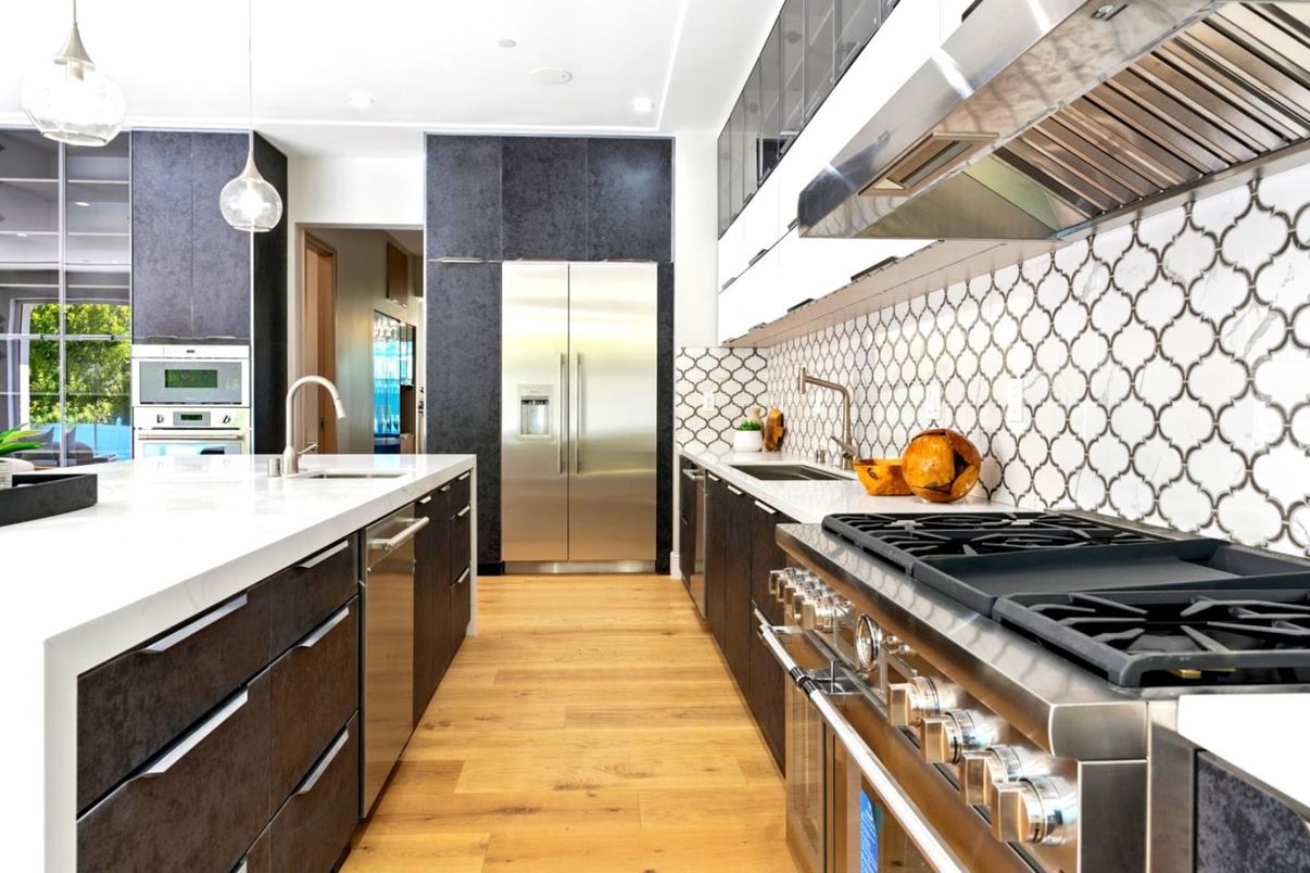 Interior, Kitchen, Pendant Lights, Recessed Lighting, Stainless Steel Appliances, Wood Texture Flooring