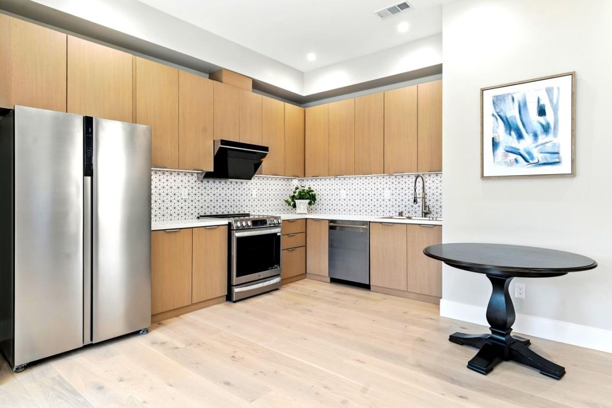 Interior, Kitchen, Recessed Lighting, Stainless Steel Appliances, Wood Texture Flooring