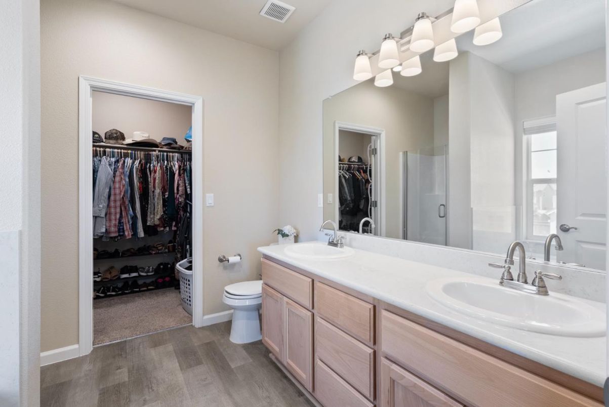 Bathroom, Dual Sink Vanities, Interior, Walk-in Closets, Wood Texture Flooring