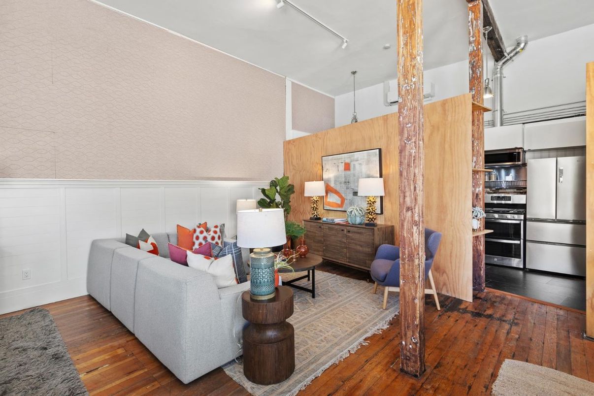 Interior, Kitchen, Living room, Stainless Steel Appliances, Wood Texture Flooring