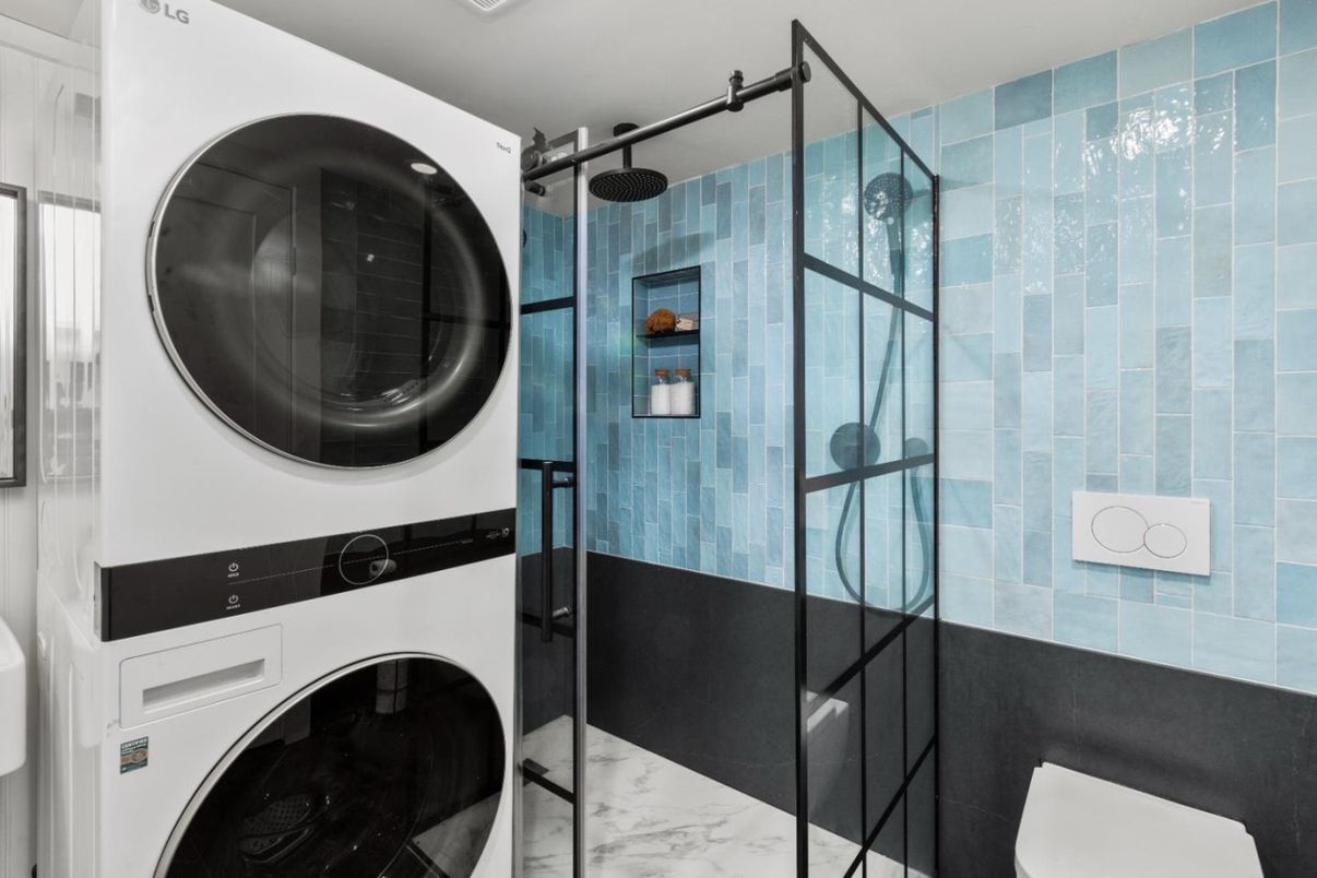 Bathroom, Glass Shower, Interior, Marble, Washer