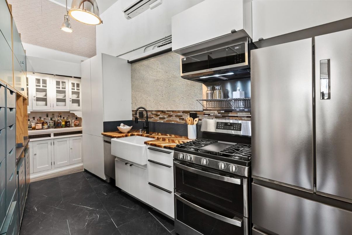 Interior, Kitchen, Marble, Pendant Lights, Stainless Steel Appliances