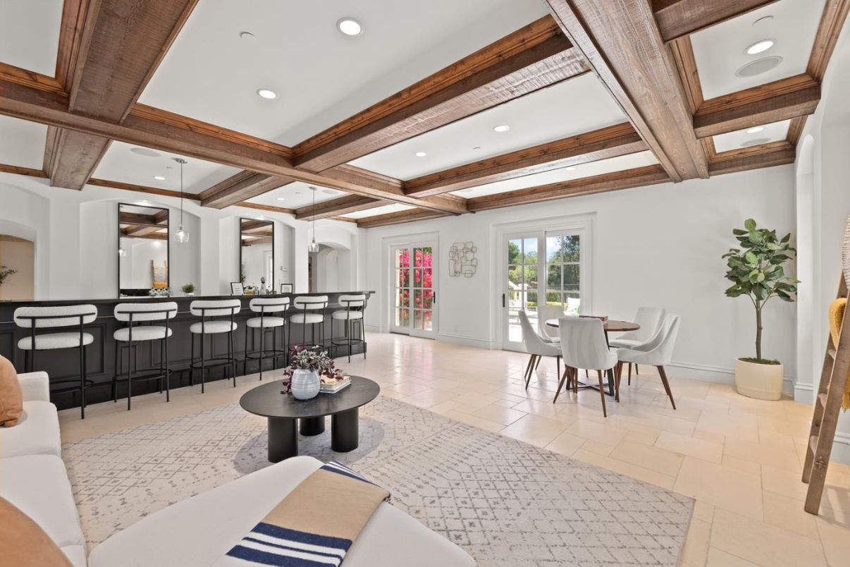 Dining room, Interior, Living room, Recessed Lighting, Wooden Beams