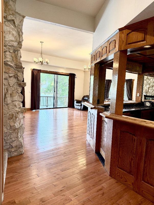 Chandelier, Interior, Stone Walls, Wood Texture Flooring