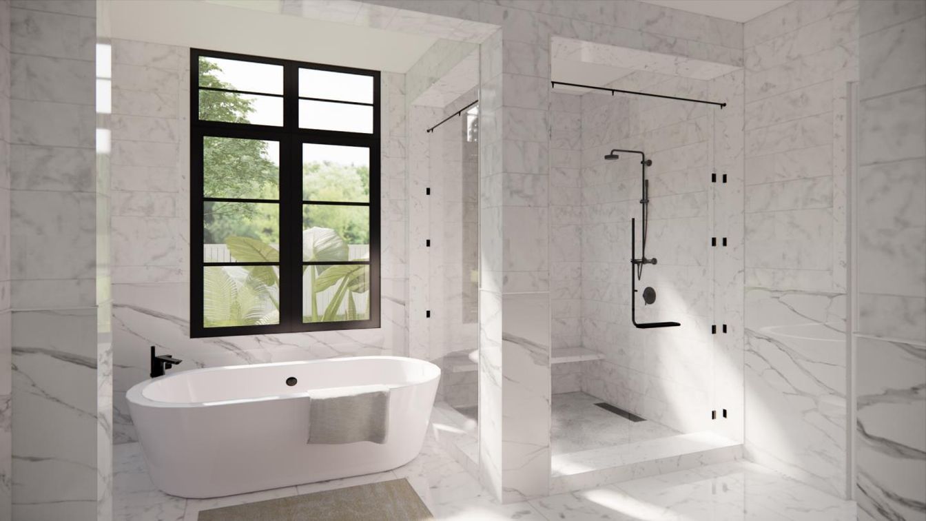 Bathroom, Free Standing Baths, Glass Shower, Interior, Marble, Marble Walls