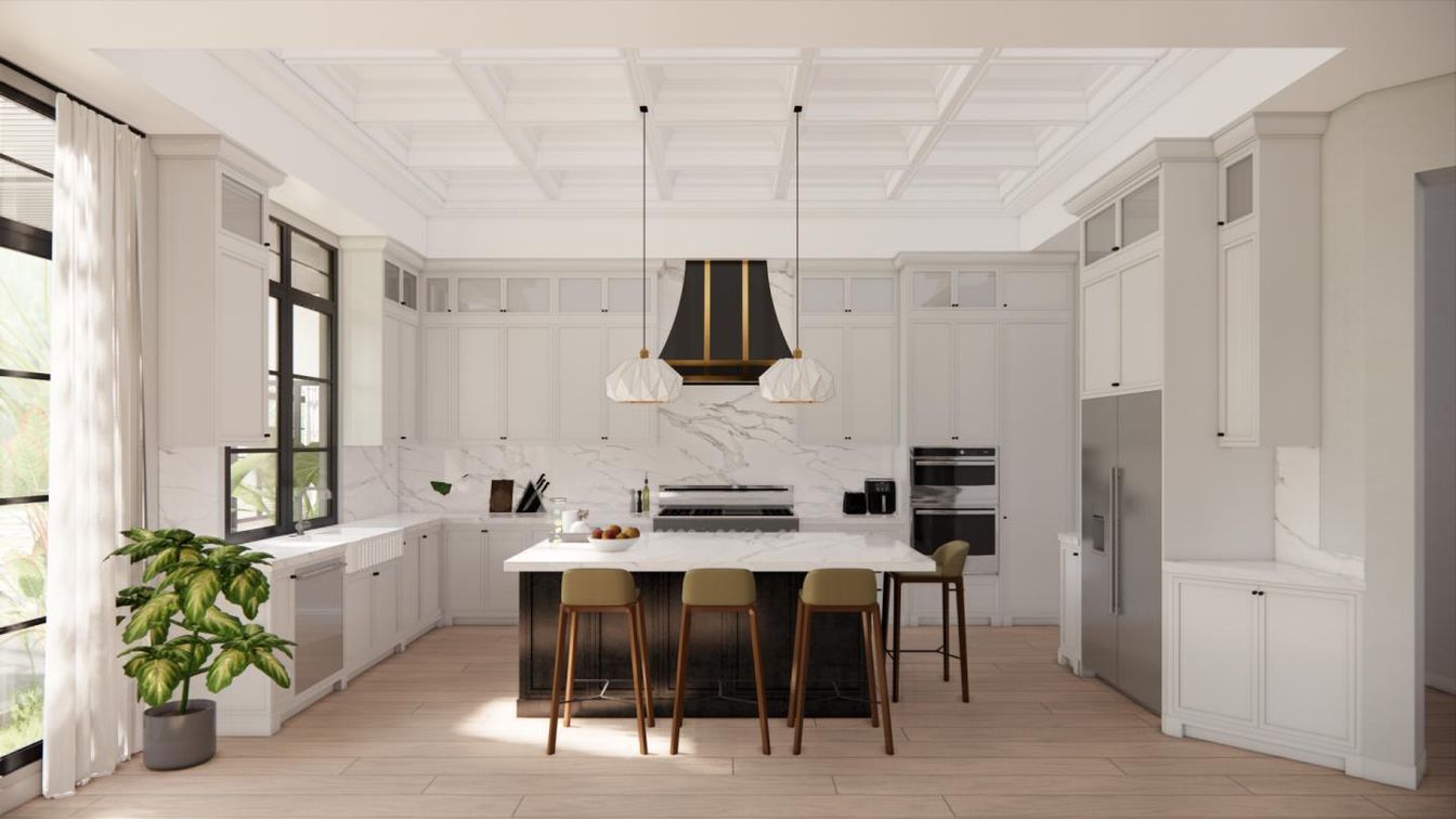 Interior, Kitchen, Marble Walls, Pendant Lights, Stainless Steel Appliances, Wood Texture Flooring