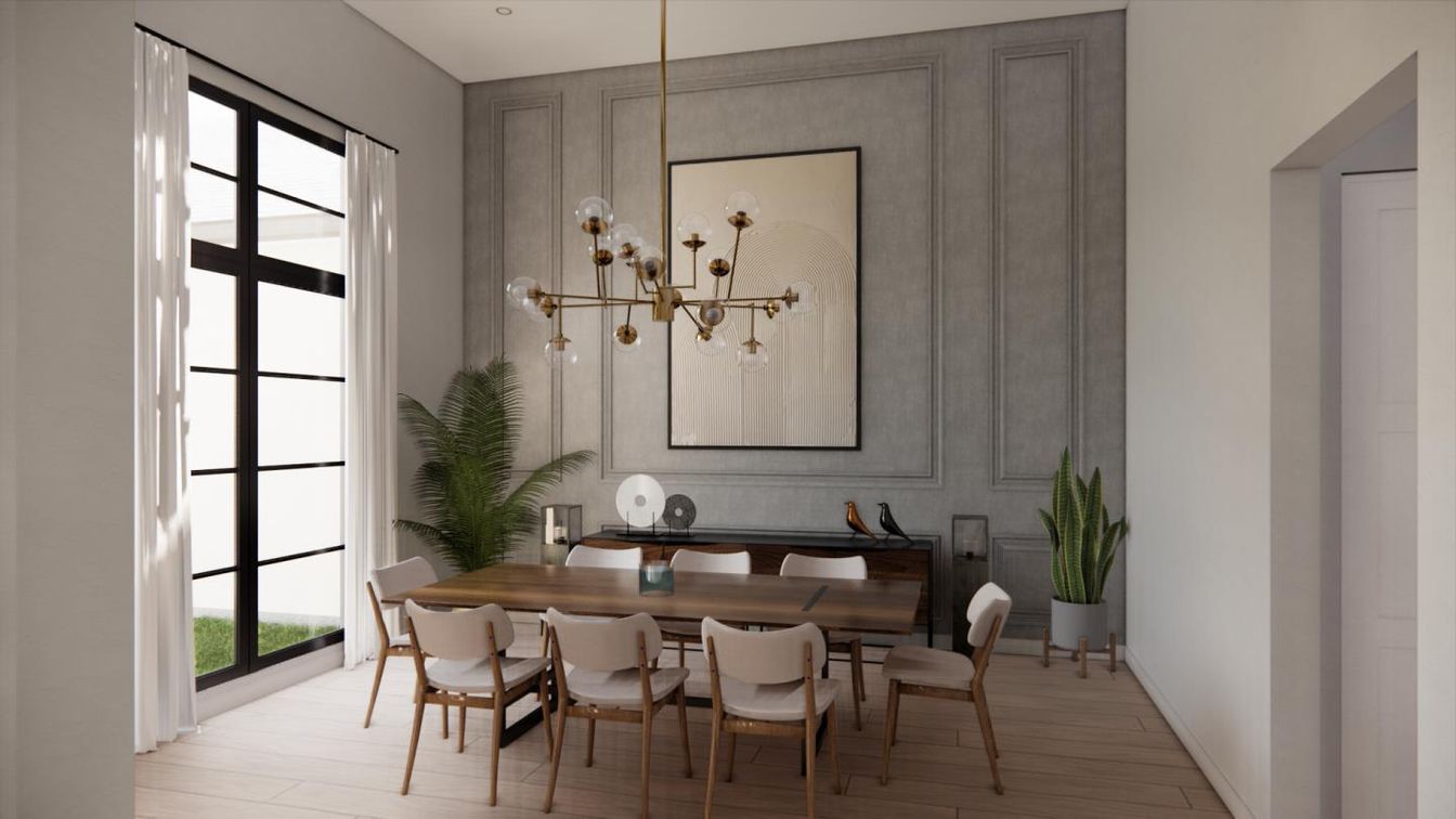Dining room, Interior, Pendant Lights, Wood Texture Flooring