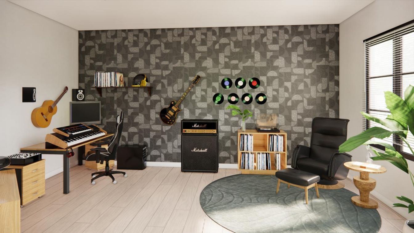 Home Office, Interior, Piano, Stone Walls, Wood Texture Flooring