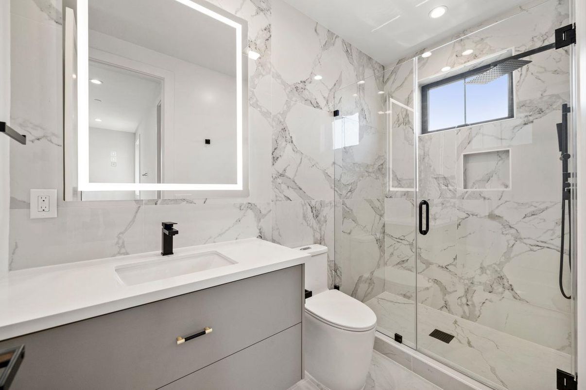 Bathroom, Glass Shower, Interior, Marble, Marble Walls, Recessed Lighting