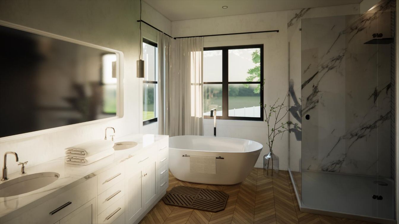 Bathroom, Dual Sink Vanities, Free Standing Baths, Interior, Marble Walls, Wood Texture Flooring