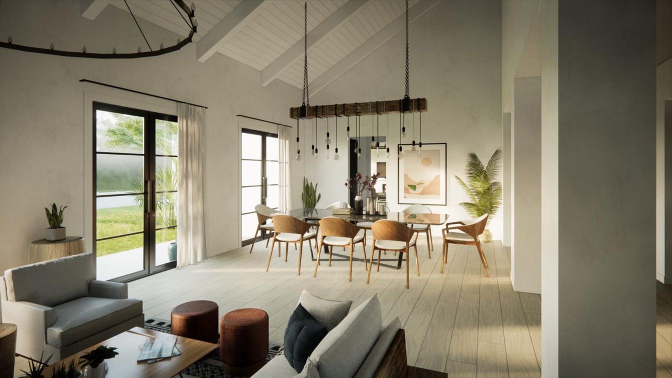 Dining room, Interior, Living room, Pendant Lights, Wood Texture Flooring