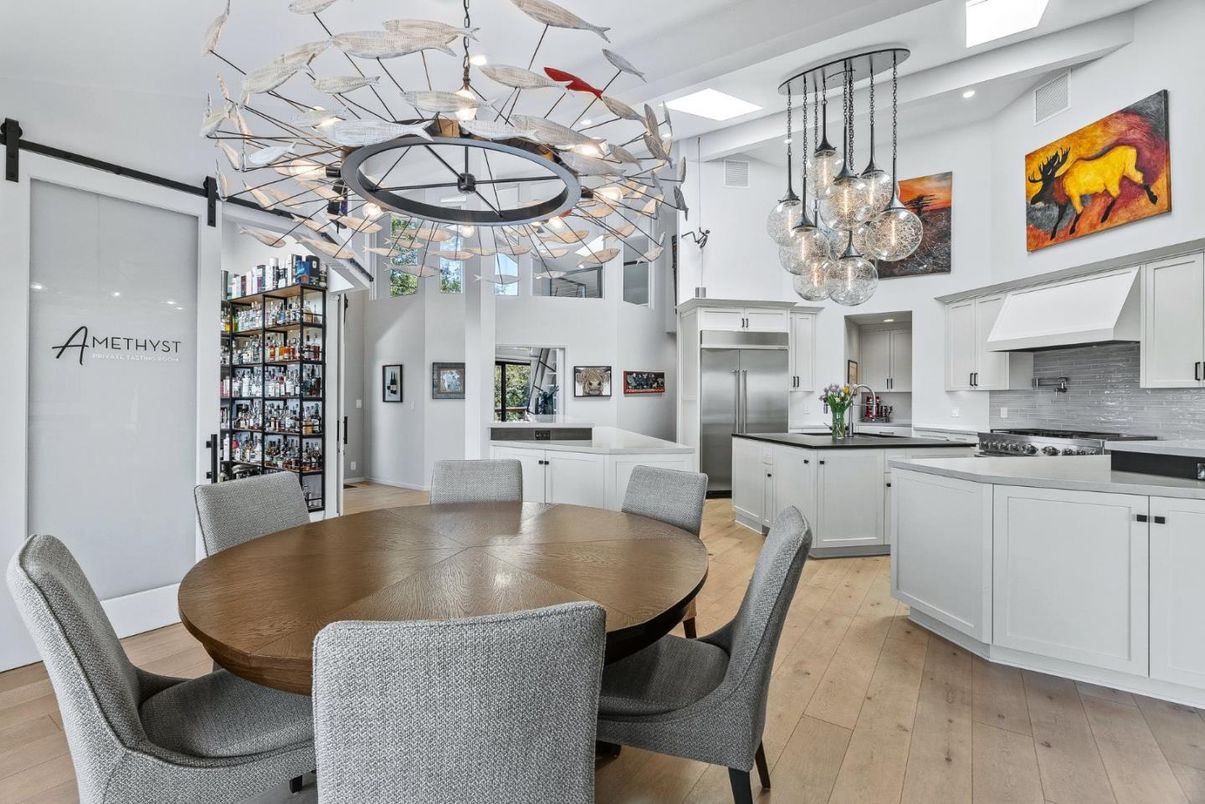 Dining room, Interior, Kitchen, Pendant Lights, Stainless Steel Appliances, Wood Texture Flooring