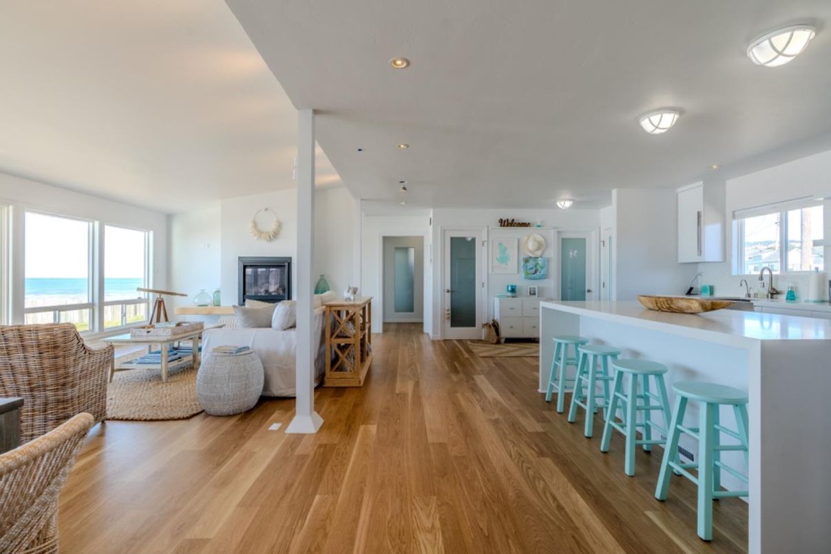 Fireplace, Interior, Kitchen, Living room, Recessed Lighting, Water, Wood Texture Flooring