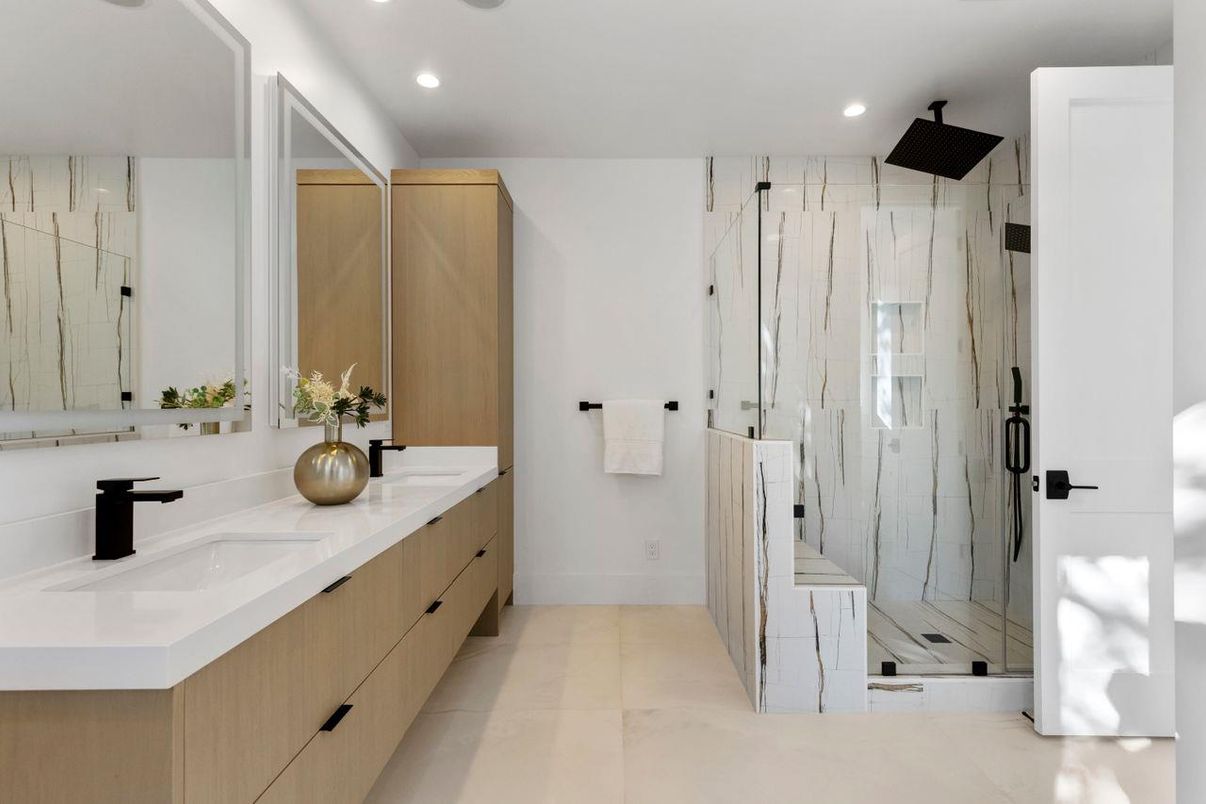 Bathroom, Dual Sink Vanities, Glass Shower, Interior, Recessed Lighting