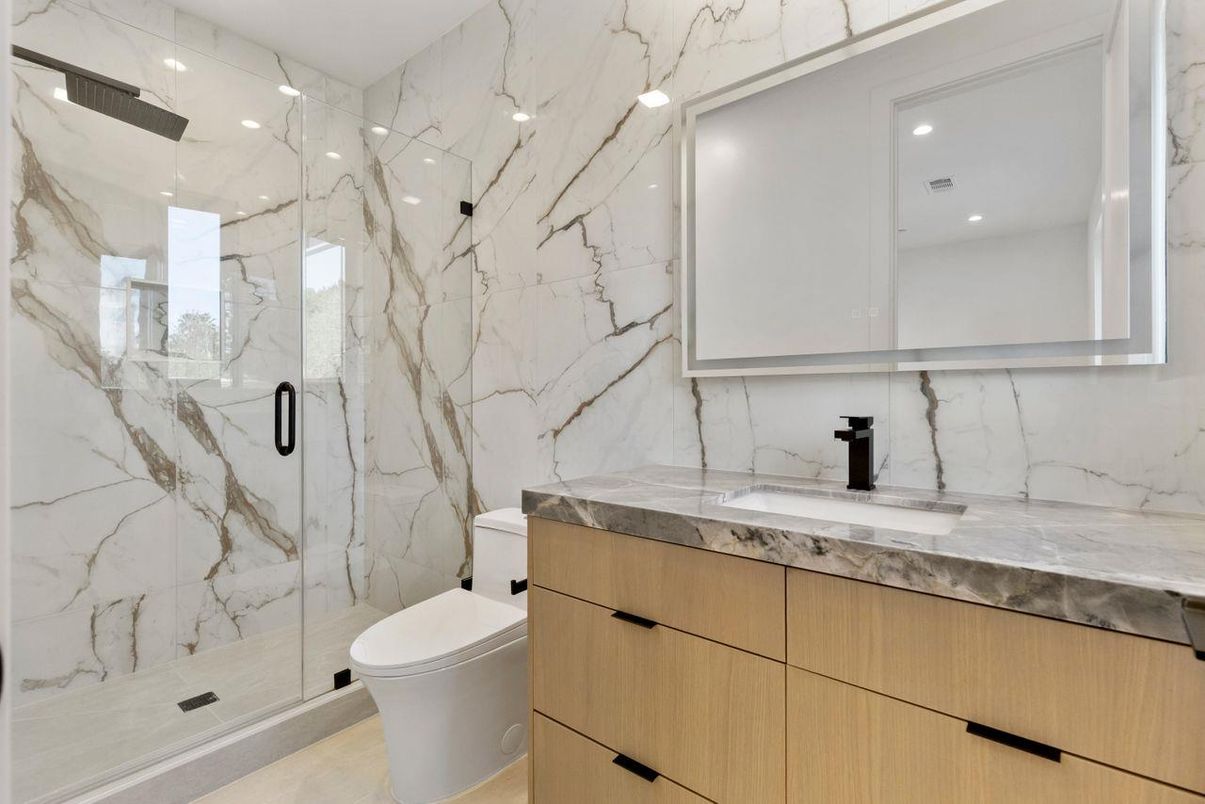 Bathroom, Glass Shower, Interior, Marble Walls, Recessed Lighting