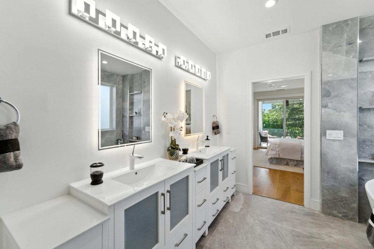 Bathroom, Bedroom, Dual Sink Vanities, Interior, Recessed Lighting, Wood Texture Flooring