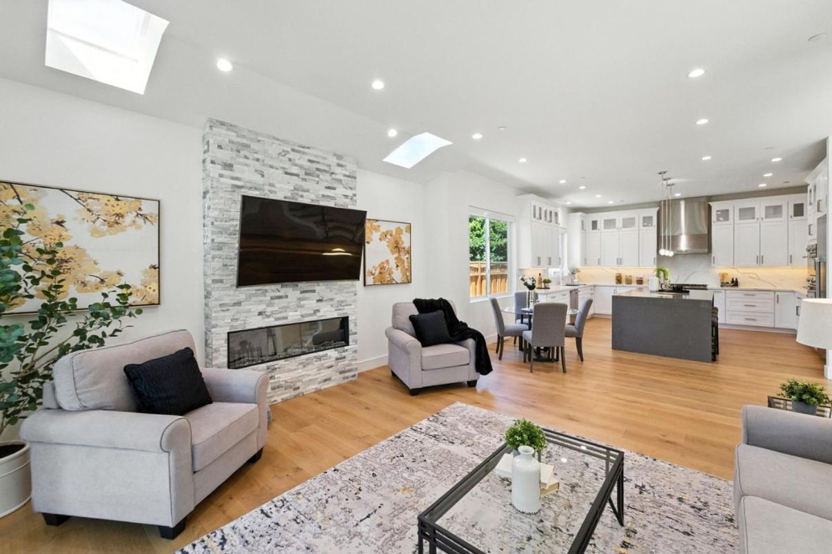 Dining room, Fireplace, Interior, Kitchen, Living room, Pendant Lights, Recessed Lighting, Wood Texture Flooring
