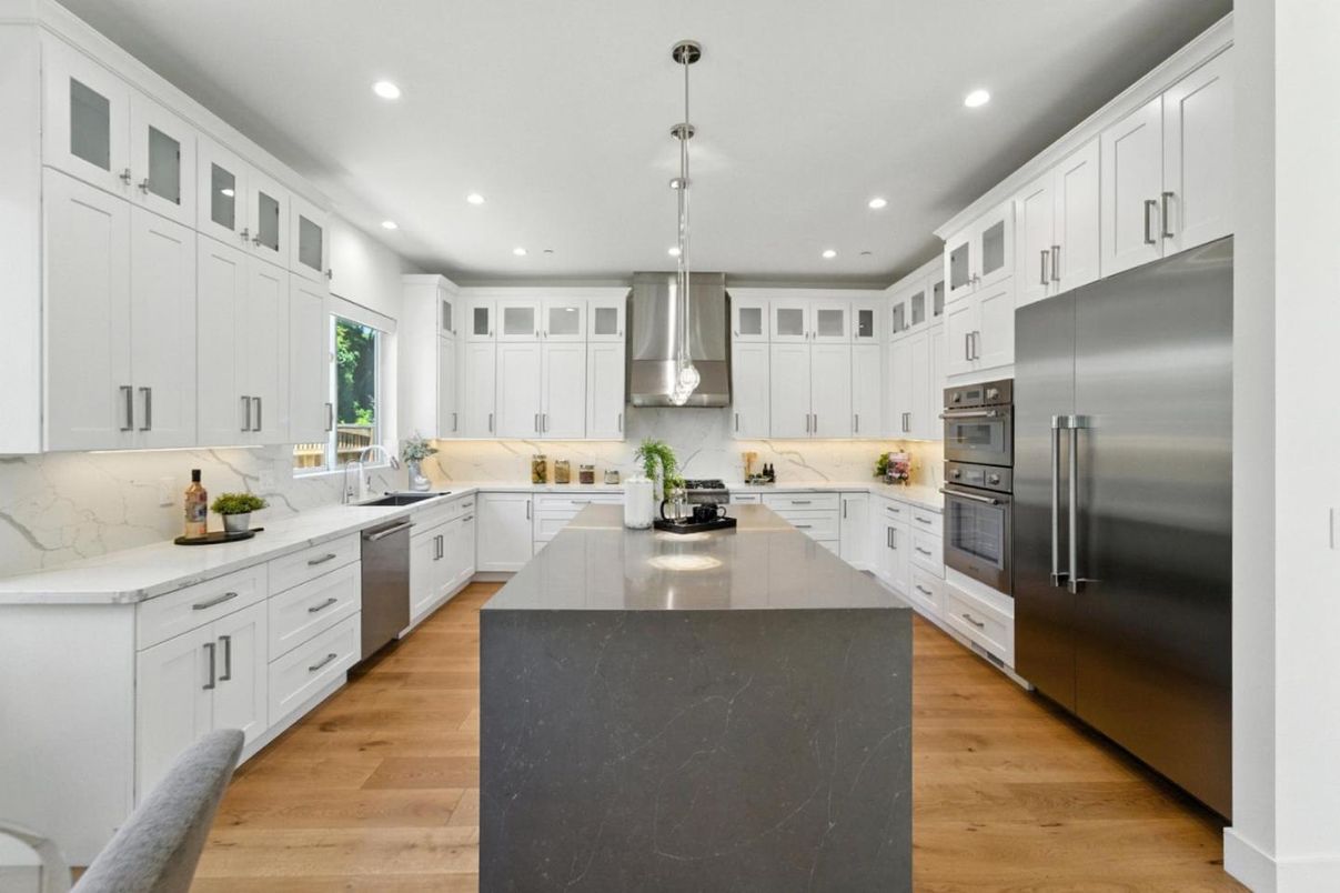 Interior, Kitchen, Pendant Lights, Recessed Lighting, Stainless Steel Appliances, Wood Texture Flooring